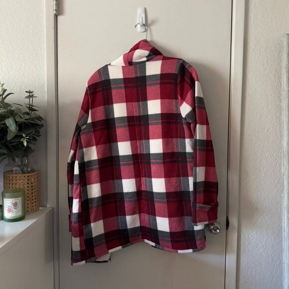 🦋 ABERCROMBIE & FITCH Red Plaid Flannel Sherpa Cardigan Open Front Cozy Casual - Picture 2 of 3
